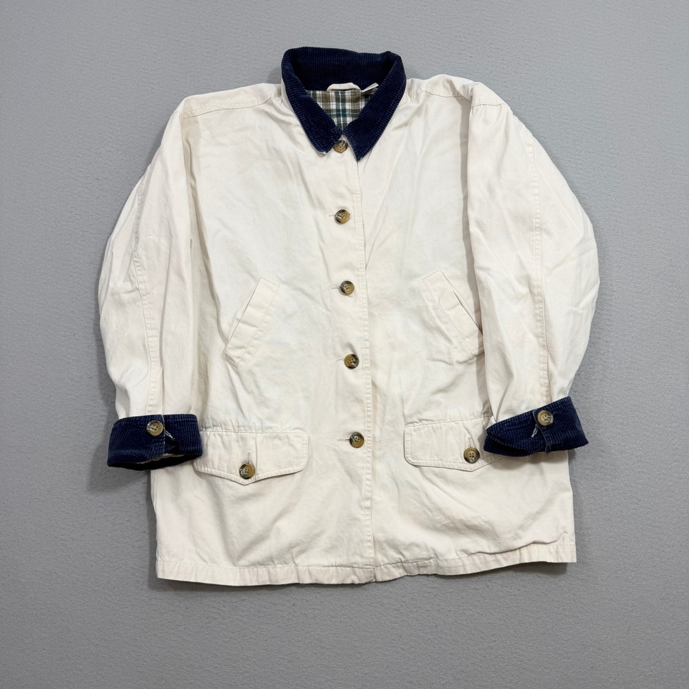 Vintage Chore Barn Jacket Womens Small Cream Canvas Corduroy Trim Plaid Lined